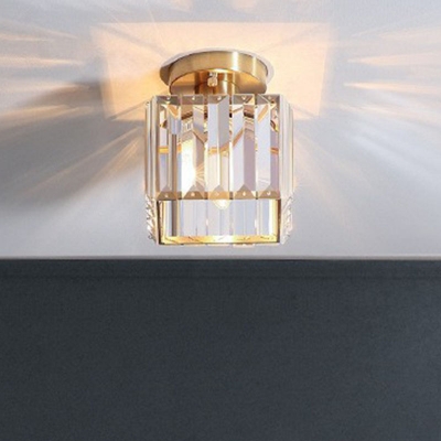 Clear Crystal Rectangle Semi Mount Lighting Postmodern 1 Bulb Gold Finish Ceiling Flush Light