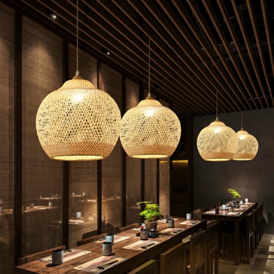 Criss-Cross Woven Hanging Lamp Asian Bamboo 1-Light Restaurant Pendant Light in Wood