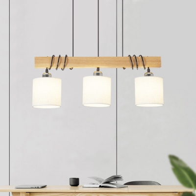 Cylindrical Fabric Island Pendant Light Nordic 3 Bulbs Wood Suspension Lamp for Open Kitchen