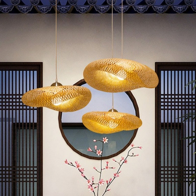 Donut Shaped Bamboo Hanging Lamp Artistic 1 Bulb Wood Ceiling Pendant Light for Tearoom