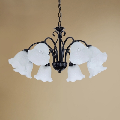 Floral White Ruffle Glass Chandelier Pendant Light Vintage Living Room Hanging Light in Black