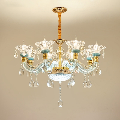 Flower Crystal Hanging Lamp Traditional Living Room Chandelier Light Fixture in Light Blue