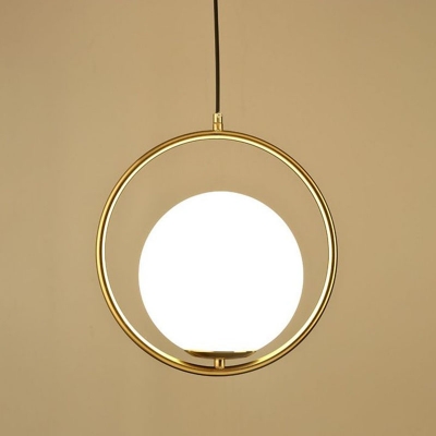 Gold Ring Suspension Lamp Minimalistic 1-Light Opal Ball Glass Hanging Light Fixture