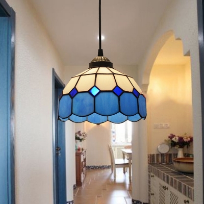 Gridded Glass Blue Pendant Light Scalloped 1 Bulb Mediterranean Hanging Light for Entryway