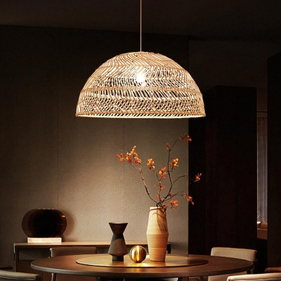 Hemispherical Pendant Light Contemporary Rattan Single-Bulb Restaurant Suspension Light in Wood