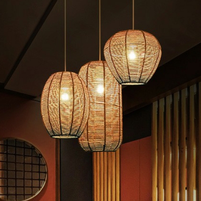 Hemp Rope Geometric Ceiling Hanging Lantern Asia 1 Head Wood Suspension Light for Tearoom