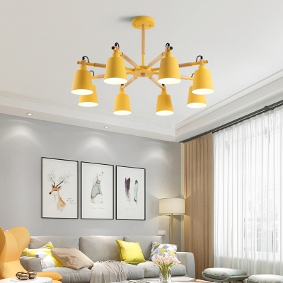 Horn Shaped Metal Chandelier Macaron 8-Head Ceiling Light with Wood Rod for Living Room