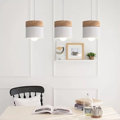 Macaron Cylindrical Down Lighting Pendant Metal 1 Head Dining Room Hanging Light with Wood Top