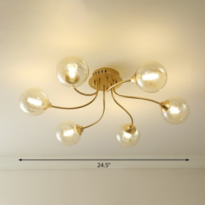 Minimalist Ceiling Mount Lamp Gold Whirl Semi Flush Light Fixture with Ball Glass Shade