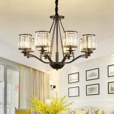 Minimalist Cylindrical Hanging Lamp Clear Crystal Living Room Chandelier Lighting in Black