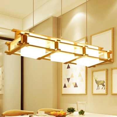 Modern Rectangle Island Pendant Lamp Wooden 3-Head Restaurant Hanging Light with Cubic Opal Glass Shade