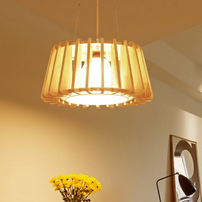 Modern Tapered Drum Pendant Lighting Wood Slat 1 Head Dining Room Hanging Lamp with Cone Shade Inside