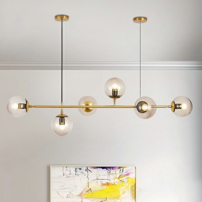 Postmodern 6-Light Island Lighting Brass Linear Pendant with Ball Smoke Grey Glass Shade