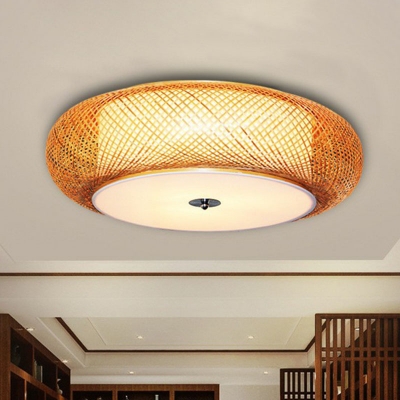 Round Flush Ceiling Light Minimalist Bamboo 1-Light Living Room Flush Mount Lamp in Wood