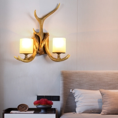 Rustic Antler Wall Sconce Light Resin Wall Mount Lighting in Wood with Cylindrical White Glass Shade