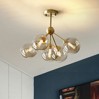 Simplicity Ball Chandelier Light Cognac Glass Living Room LED Pendant Light Fixture in Gold