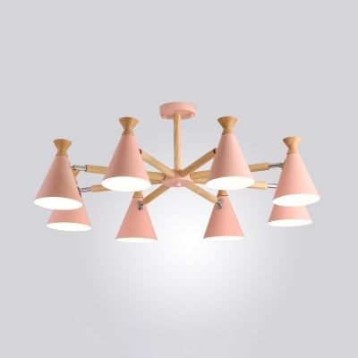 Swivelable Conical Cup Chandelier Nordic Metal Bedroom Suspension Pendant Light with Wooden Arm