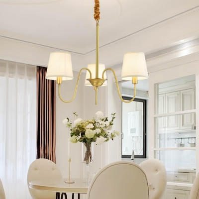 Tapered Fabric Hanging Light Minimalist Living Room Chandelier with Swooping Arm in Brass