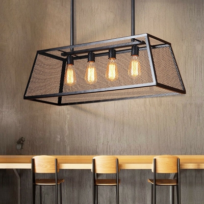Trapezoid Wire Net Metal Island Pendant Light Warehouse 4-Light Restaurant Hanging Lamp in Black