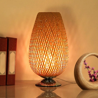 Tulip Shaped Night Table Light Asian Bamboo 1 Bulb Wood Nightstand Lamp for Bedroom