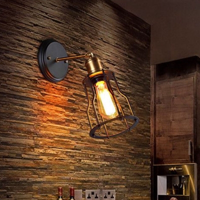 Warehouse Cage Shade Wall Lamp Fixture 1-Light Metallic Wall Sconce with Pivot Joint in Black