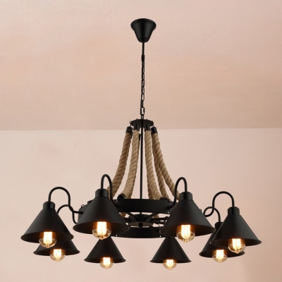 Wheel Manila Rope Pendant Light Country Restaurant Chandelier with Metal Shade in Black