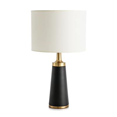 White Cylindrical Night Table Lamp Modern 1 Head Fabric Nightstand Light with Conical Pedestal