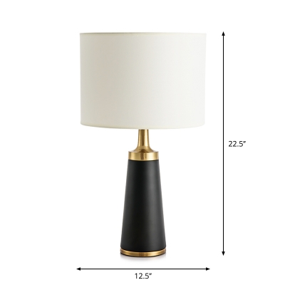 White Cylindrical Night Table Lamp Modern 1 Head Fabric Nightstand Light with Conical Pedestal