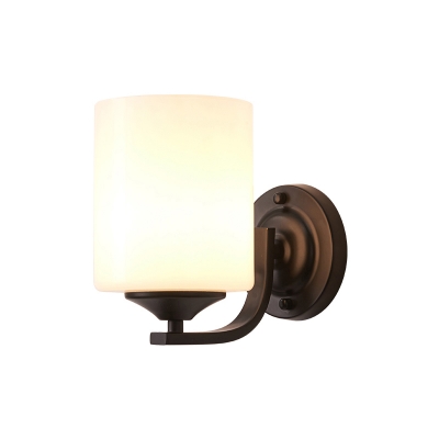 White Glass Cylindrical Sconce Fixture Minimalist 1 Head Corridor Wall Mounted Light in Black