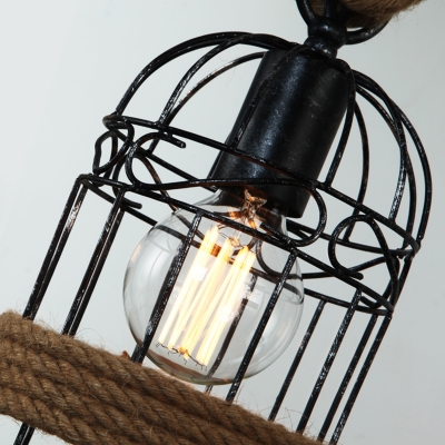 3-Bulb Natural Fiber Rope Island Light Lodge Flaxen Birdcage Kitchen Ceiling Light