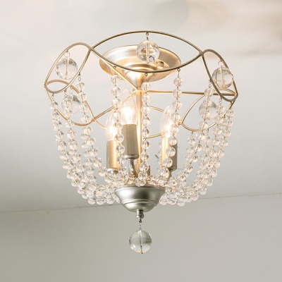 3 Bulbs Semi Flush Mount Traditional Basket Crystal Bead Close To Ceiling Chandelier in Silver