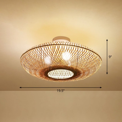 3-Light Bedroom Ceiling Mounted Fixture Asian Wood Flush Mount Light with Round Bamboo Shade