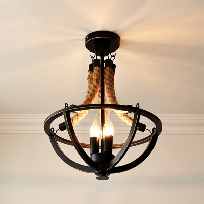 3-Light Wrought Iron Pendant Chandelier Country Hemispherical Cage Kitchen Suspension Light