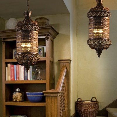 3 Lights Hanging Lamp Moroccan Cylindrical Hollow-out Metal Lantern Pendant in Bronze