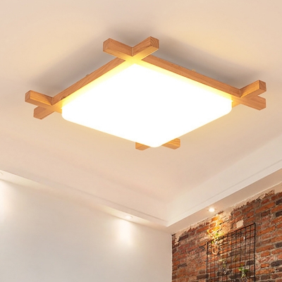Asian Checkerboard Led Flush Mount Ceiling Light Wooden Bedroom Flushmount with Acrylic Shade