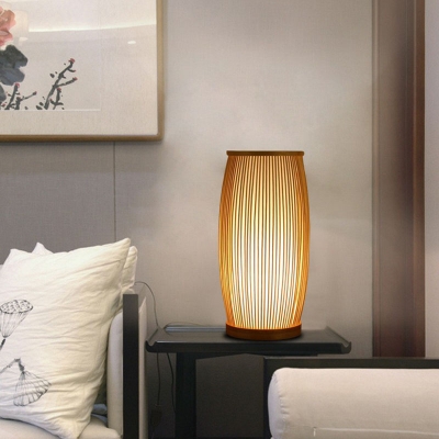 Barrel Shaped Nightstand Light Simplicity Bamboo 1-Head Wood Table Lamp for Bedroom
