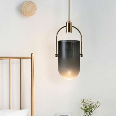 Bucket Shaped Pendulum Light Designer Black Glass 1-Light Bedside Pendant with Gold Arched Handle