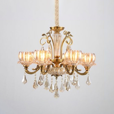 Crystal Lotus Suspension Lighting Traditional Parlor Chandelier Lamp in Antiqued Gold