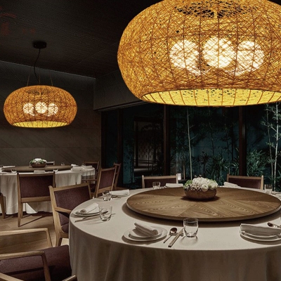 Dome Shaped Restaurant Chandelier Rattan 3 Bulbs Asian Style Ceiling Pendant Light