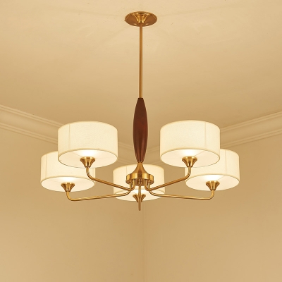 Drum Chandelier Light Fixture Simplicity Brass Fabric Suspension Lamp for Living Room