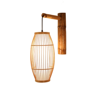 Elongated Oval Restaurant Wall Light Fixture Bamboo Single-Bulb Contemporary Wall Mounted Lamp in Wood