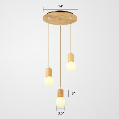 Exposed Bulb Design Hanging Lamp Nordic Wooden 3-Light Cluster Pendant for Dining Room