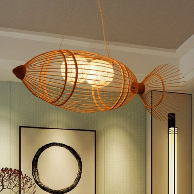 Fish-Shape Ceiling Suspension Lamp Asia Wooden 2 Bulbs Restaurant Pendant Chandelier