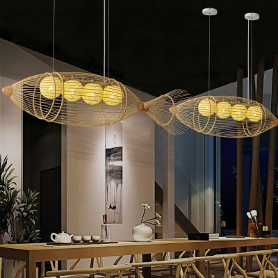 Fish Shaped Cage Bamboo Hanging Lamp Chinese Wood Chandelier Light Fixture for Restaurant