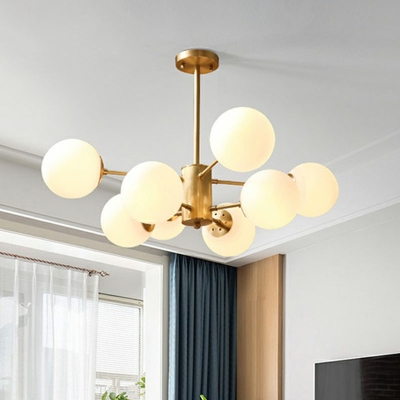 Globe Living Room Chandelier Light Cream Glass Simplicity Pendant Light Fixture in Gold