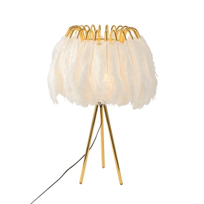 Gold Tripod Nightstand Lamp Postmodern 1-Head Metal Table Light with Feather Shade