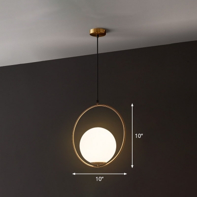 Ivory Glass Spherical Ceiling Hang Lamp Post-Modern 1 Bulb Gold Pendant with Metal Ring