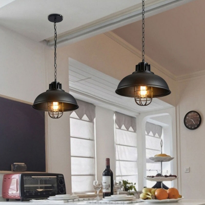 Metal Bowl Ceiling Pendant Lamp Industrial 1 Head Dining Table Suspension Light with Wire Cage in Black