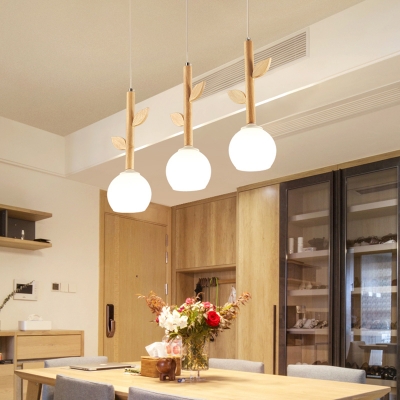 Milky Glass Bouquet Cluster Pendant Light Nordic 3-Bulb Wood Hanging Lamp for Dining Room