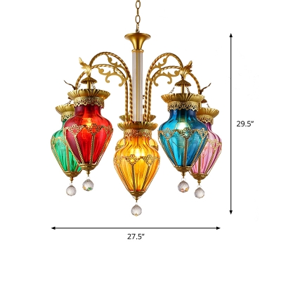 Moroccan Teardrop Chandelier 6 Bulbs Multicolored Glass Hanging Light in Gold for Restaurant